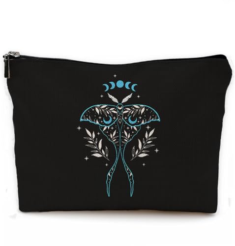 NEGIGA Blaue Luna Motte Hexe Make-up Tasche, Gothic Schmetterling Motte Make-up Tasche, Hexe Hexe Geschenke für Frauen, Mond Kleine Make-up Kosmetiktasche für Geldbörse, Beige von NEGIGA