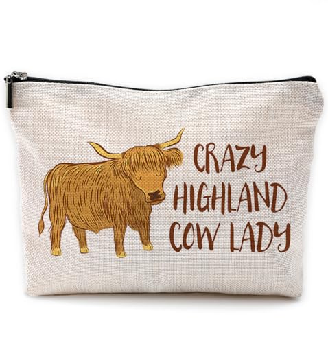NEGIGA Highland Cow Makeup Bag, Cow Cosmetic Bags for Women, Highland Cow Gifts for Women, Cow Gifts for Women Cow Lovers, Crazy Highland Cow Lady Small Makeup Cosmetic Bag for Purse, Beige von NEGIGA
