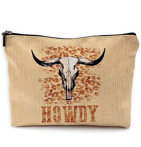 NEGIGA Retro Western Country Cowboy Leopard Bull Skull Howdy Kosmetiktasche mit Reißverschlussbeutel Reise-Kulturbeutel, Cowgirl-Geschenke, Cowgirl-Geschenke für Mädchen von NEGIGA