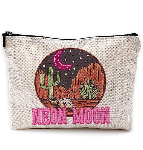 NEGIGA Retro Western Country Neon Moon Bull Skull Kaktus Berg Kosmetiktasche mit Reißverschlussbeutel Reise-Kulturbeutel, Cowgirl-Geschenke, Cowgirl-Geschenke für Mädchen von NEGIGA