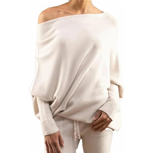 NELLN Asymmetrisch drapierter Baggy-Pullover, Schulterfreier Pullover mit Langen Fledermausärmeln, Schulterfreier Herbstpullover in Übergröße (Beige,1) von NELLN