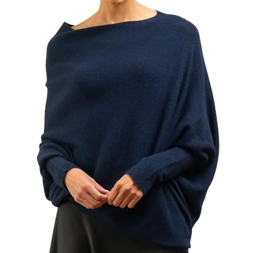 NELLN Asymmetrisch drapierter Baggy-Pullover, Schulterfreier Pullover mit Langen Fledermausärmeln, Schulterfreier Herbstpullover in Übergröße (Blau,1) von NELLN