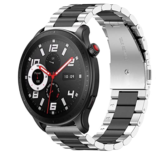 Armband Kompatibel mit Amazfit GTR 4/GTR 3 Pro/GTR 3/GTR 2/GTR 2e/GTR 47mm/Stratos 2/Stratos 3, 22mm Metall Armbänder Edelstahl Ersatz Uhrenarmband für Herren Damen, Schwarz/Silber von NEMUALL