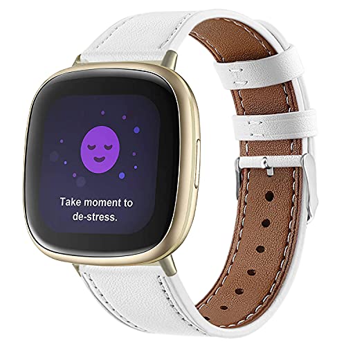 NEMUALL Armband Kompatibel mit Fitbit Sense/Fitbit Versa 3 Armbänder Leder Ersatzband Sanft Lederarmband Uhrenarmband-Weiß von NEMUALL