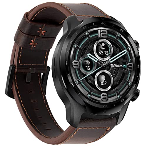 NEMUALL Armband Kompatibel mit TicWatch Pro 3/Pro 2020 2021/Pro X/GTX/E2/S2 Lederband, Retro Leder Armbänder Uhrenarmband Ersatzarmband für Herren (Kaffee) von NEMUALL