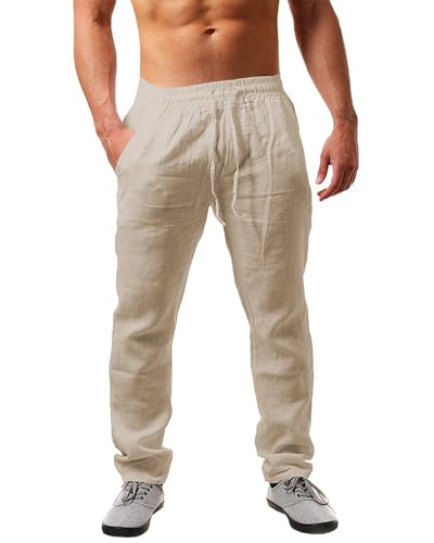 NEMXCE Leinenhose Herren Lang Leichte Sommerhose Herren Loose Fit Freizeithose mit Taschen Kordelzug für Urlaub Strand Yoga Alltag von NEMXCE