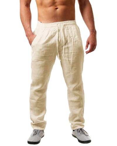 NEMXCE Leinenhose Herren Lang Leichte Sommerhose Herren Loose Fit Freizeithose mit Taschen Kordelzug für Urlaub Strand Yoga Alltag von NEMXCE
