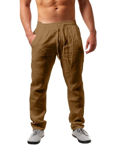 NEMXCE Leinenhose Herren Lang Leichte Sommerhose Herren Loose Fit Freizeithose mit Taschen Kordelzug für Urlaub Strand Yoga Alltag von NEMXCE