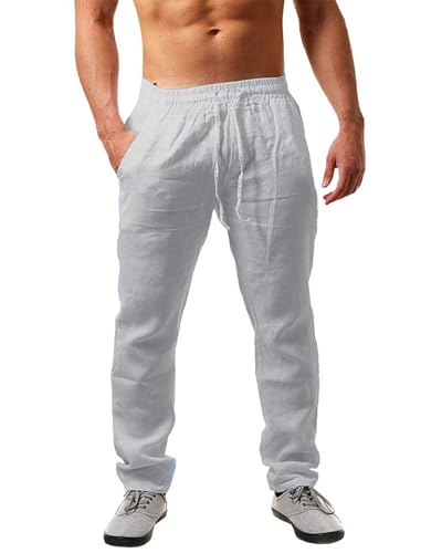 NEMXCE Leinenhose Herren Lang Leichte Sommerhose Herren Loose Fit Freizeithose mit Taschen Kordelzug für Urlaub Strand Yoga Alltag von NEMXCE