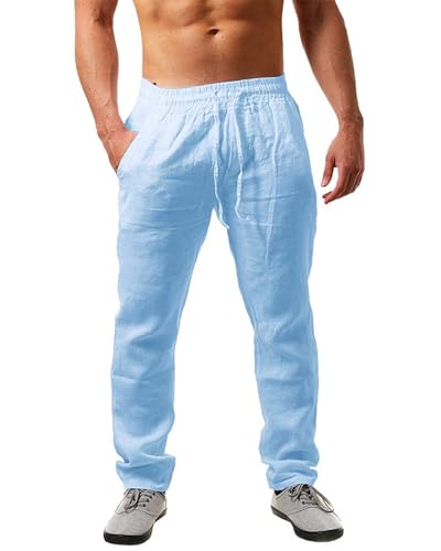 NEMXCE Leinenhose Herren Lang Leichte Sommerhose Herren Loose Fit Freizeithose mit Taschen Kordelzug für Urlaub Strand Yoga Alltag von NEMXCE