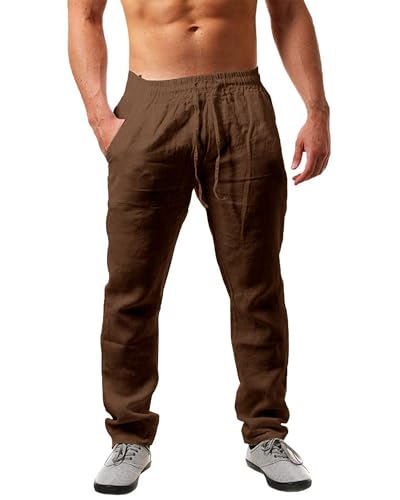 NEMXCE Leinenhose Herren Lang Leichte Sommerhose Herren Loose Fit Freizeithose mit Taschen Kordelzug für Urlaub Strand Yoga Alltag von NEMXCE