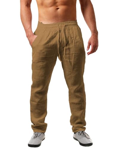 NEMXCE Leinenhose Herren Lang Leichte Sommerhose Herren Loose Fit Freizeithose mit Taschen Kordelzug für Urlaub Strand Yoga Alltag von NEMXCE