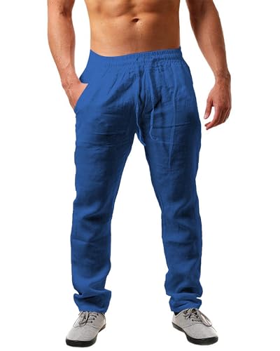 NEMXCE Leinenhose Herren Lang Leichte Sommerhose Herren Loose Fit Freizeithose mit Taschen Kordelzug für Urlaub Strand Yoga Alltag von NEMXCE
