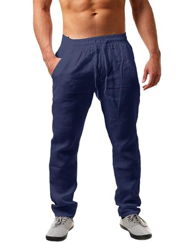 NEMXCE Leinenhose Herren Lang Leichte Sommerhose Herren Loose Fit Freizeithose mit Taschen Kordelzug für Urlaub Strand Yoga Alltag von NEMXCE