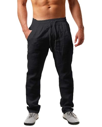 NEMXCE Leinenhose Herren Lang Leichte Sommerhose Herren Loose Fit Freizeithose mit Taschen Kordelzug für Urlaub Strand Yoga Alltag von NEMXCE