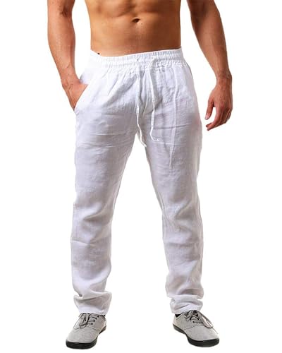 NEMXCE Leinenhose Herren Lang Leichte Sommerhose Herren Loose Fit Freizeithose mit Taschen Kordelzug für Urlaub Strand Yoga Alltag von NEMXCE