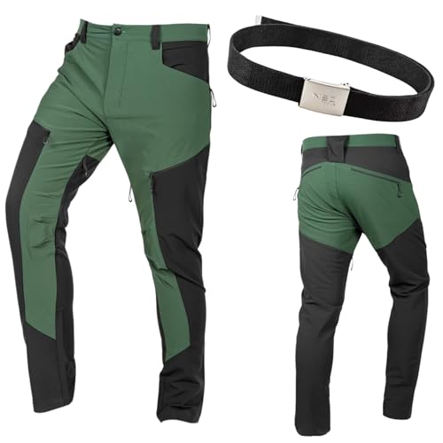 NEO TOOLS Arbeitshose Herren mit Gürtel - Flexibel & Robust Cargohose mit Multi Taschen - 4 Way Stretch Männer-Arbeitshose Grün/Gelb von NEO TOOLS