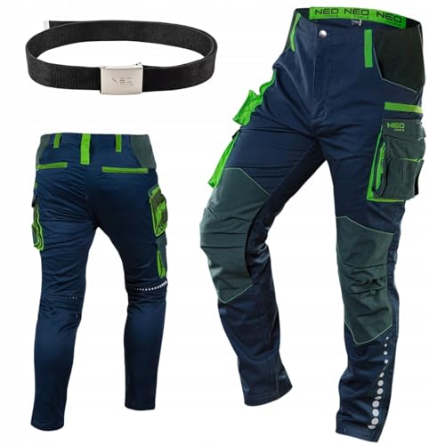 NEO TOOLS Arbeitshose Herren mit Gürtel - mit Cordura | Stretch | Reflektierende Elemente - Flexibel & Robust Männer-Arbeitshose mit Kniepolstertaschen von NEO TOOLS