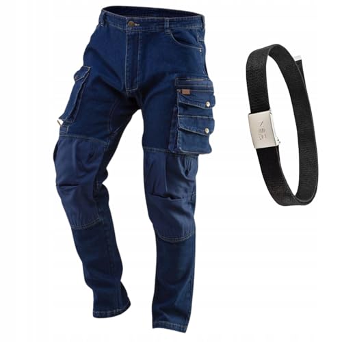 NEO TOOLS Denim Arbeitshose Herren mit Gürtel - Oxford Stoff - Tasche für Knieschoner - Strapazierfähige & Universelle Arbeitshose Multi Taschen - Jeans Arbeitshose Herren Stretch Gr. 50 von NEO TOOLS