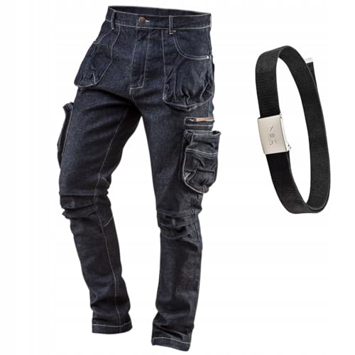 NEO TOOLS Denim Arbeitshose Herren mit Gürtel - Strapazierfähige & Universelle Arbeitshose Multi Taschen - Jeans Arbeitshose Herren Stretch Gr. 56 von NEO TOOLS