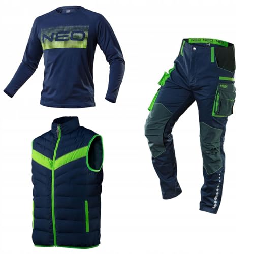 NEO TOOLS Herren Arbeitshose + Arbeitsweste und Langarmshirt (Set) Gr. S(48) - 3XL(58) / modisches Design, Hose - Knieschutztaschen und mit Cordura verstärkt, Ärmellose Daunenjacke von NEO TOOLS