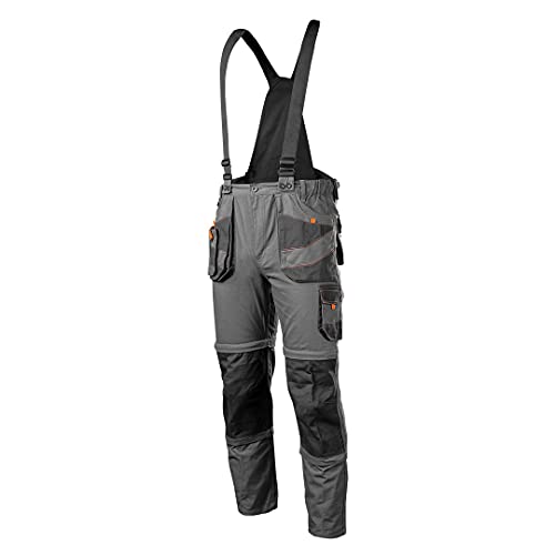 NEO TOOLS Herren Arbeitshose 6-in-1 – kurze Hose, Herrenhose, Latzhose, 100% Baumwolle 260 g/m², abknöpfbarer Hosenträger, Multifunktionstaschen, elastischer Gummibund, Größe:M, grau von NEO TOOLS