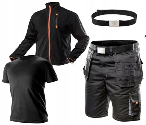 NEO TOOLS Herren Kurze Arbeitshose + Fleece-Arbeitsjacke und T-Shirt, Hosengürtel (Set) Gr. S - XXL/mit Dreifachnaht Verstärkt | Abnehmbare Multifunktionale und Langlebige Taschen Gr. L von NEO TOOLS