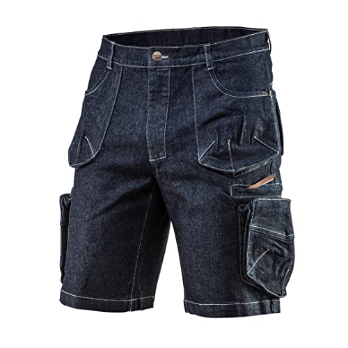 NEO TOOLS Herren Kurze Arbeitshose Denim, in Gr. XS-XXXL, verstärkte Nähte, Mischgewebe 98% Baumwolle, 2% Elasthan 410 g/m2, Cargo-Optik, Handwerkshose konform mit EN ISO 13688:2013 von NEO TOOLS