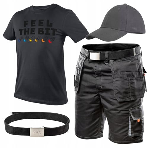 NEO TOOLS Herren Set - Kurze Arbeitshose mit T-Shirt und Baseballkappe Gr. M-XXL - Schwarz Arbeitshosen für Männer Kurz - mit Dreifachnaht Verstärkt - Arbeitshose und Arbeitsshirt Sommer (XL) von NEO TOOLS