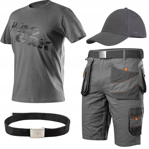 NEO TOOLS Herren Set - Kurze Arbeitshose mit T-Shirt und Baseballkappe Gr. S-3XL - Grau Arbeitshosen für Männer Kurz - aus 100% Baumwolle - Arbeitshose und Arbeitsshirt Sommer (XL) von NEO TOOLS