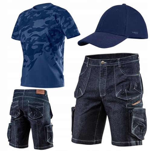 NEO TOOLS Herren Set - Kurze Denim Arbeitshose mit T-Shirt und Baseballkappe Gr. S-3XL - Jeans-Optik Arbeitshosen für Männer Kurz - Modisches Design - Arbeitshose und Arbeitsshirt Sommer (M) von NEO TOOLS