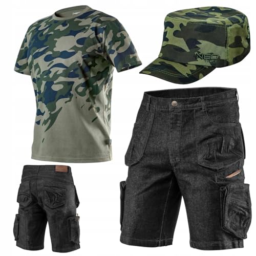 NEO TOOLS Herren Set - Kurze Denim Arbeitshose mit Tarn-T-Shirt und Kappe Gr. S-3XL - Jeans-Optik Arbeitshosen für Männer Kurz - Modisches Design - Arbeitshose und Arbeitsshirt Sommer (M) von NEO TOOLS