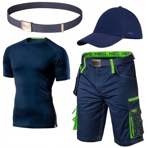 NEO TOOLS Herren Set - Kurze Premium Arbeitshose mit T-Shirt, Baseballkappe und Hosengürtel Gr. S-3XL - Cordura Verstärkt Arbeitshosen für Männer Kurz - Arbeitshose und Arbeitsshirt Sommer (XL) von NEO TOOLS