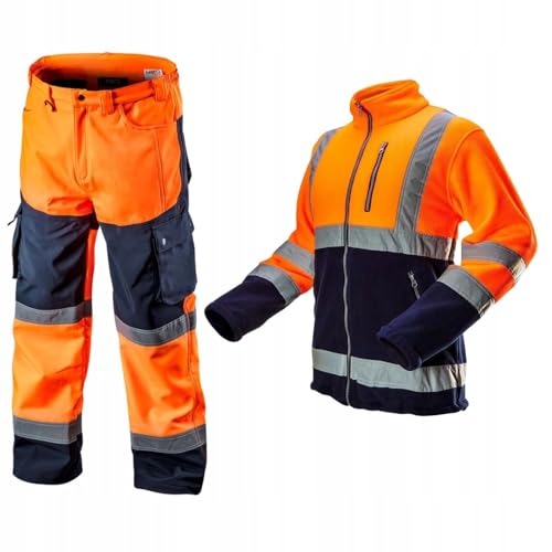 NEO TOOLS Herren Set Warnschutz-Arbeitshose + Arbeits Fleece Jacke | Hose wasserfest (Wassersäule 8000 mm) Hose aus Softshell mit Fleece-Innenfutter, Orange/Gelb, S-2XL von NEO TOOLS