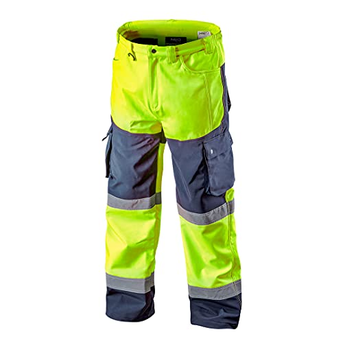 NEO TOOLS Herren Warnschutz-Arbeitshose, wasserfest (Wassersäule 8000 mm), atmungsaktiv (3000 m² MVP), Softshell aus 100% Polyester mit Fleece-Innenfutter, Orange/Gelb, S-3XL - Gelb XL von NEO TOOLS