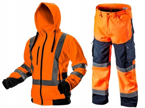 NEO TOOLS Herren Wasserdichte Arbeit Warnschutzhose + Warme Arbeit Warnjacke (Orange/Gelb) | Softshell Hose aus mit Fleece-Innenfutter, Fleecegefütterte Jacke Gr. S-XXL von NEO TOOLS