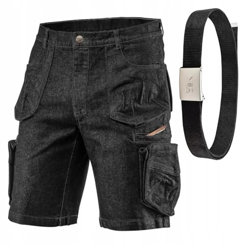 NEO TOOLS Kurze Arbeitshose Herren - Schwarz Denim Arbeitsshort mit Arbeitsgürtel - Jeans-Optik Arbeitshosen für Männer Kurz - Multifunktionale und Geräumige Taschen - Arbeitshose Sommer von NEO TOOLS