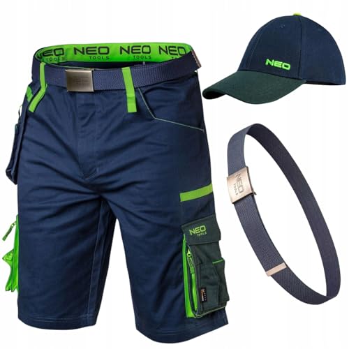 NEO TOOLS Kurze Arbeitshose Herren mit Arbeitsgürtel & Baseballkappe - Cordura Verstärkte Stretch Arbeitsshorts - Multifunktionale Taschen - Arbeitshose Sommer - Arbeitshosen Männer Kurz (56) von NEO TOOLS