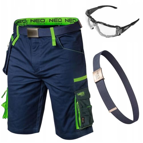NEO TOOLS Kurze Arbeitshose Herren mit Arbeitsgürtel & Schutzbrille - Cordura Verstärkte Stretch Arbeitsshorts - Multifunktionale Taschen - Arbeitshose Sommer - Arbeitshosen Männer Kurz (50) von NEO TOOLS
