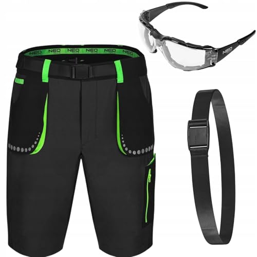 NEO TOOLS Kurze Arbeitshose Herren mit Arbeitsgürtel & Schutzbrille - Cordura Verstärkte Stretch Arbeitsshorts - Multifunktionale Taschen - Arbeitshose Sommer - Arbeitshosen Männer Kurz Gr. 54 von NEO TOOLS