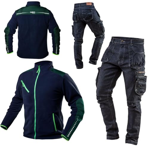 NEO TOOLS Premium Herren Arbeitskleidungssatz Gr. S - 3XL | Arbeitshose Denim + Fleece-Arbeitsjacke | Lang Hose Stretch mit 8 Pockets 98% Baumwolle, 2% Elasthan 410 g/m2, Fleece-Jacke 300 g/m2 (3XL) von NEO TOOLS