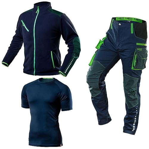NEO TOOLS Premium Herren Arbeitskleidungssatz Gr. S - 3XL | Arbeitshose mit Cordura 220 g/m2, Fleece-Arbeitsjacke 300 g/m2, Arbeits-T-Shirt atmungsaktiv von NEO TOOLS