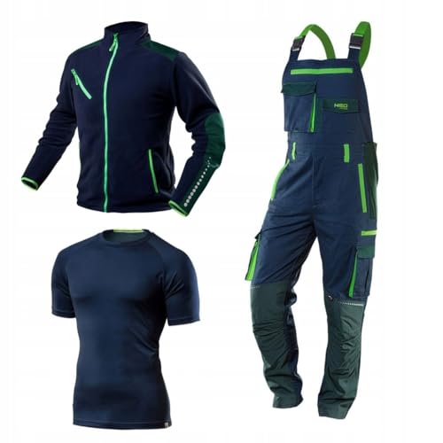 NEO TOOLS Premium Herren Arbeitskleidungssatz Gr. S - 3XL | Latz Arbeitshose mit Cordura 250 g/m2, Fleece-Arbeitsjacke 300 g/m2, Arbeits-T-Shirt atmungsaktiv | Reflektierende Elemente gr. L von NEO TOOLS