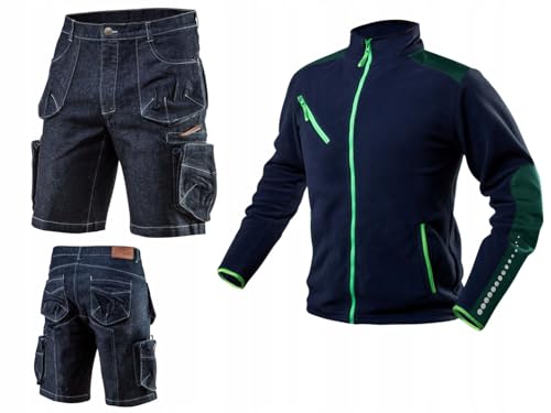 NEO TOOLS Set - Herren Denim Kurze Arbeithose und Warme Fleecejacke (Grün, Graphitgrau, Navy-Blau) - Gr. S - 3XL | Arbeitskleidung Alltagskleidung Kleidung Set Herren von NEO TOOLS