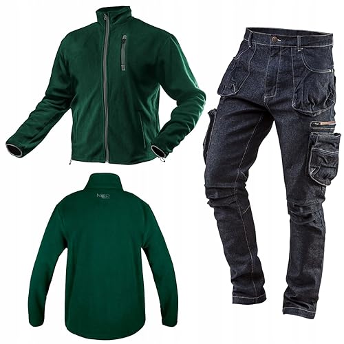 NEO TOOLS Set aus Denim Arbeithose und Warme Fleecejacke (Grün, Graphitgrau, Navy-Blau) - Gr. S (48) - 3XL (58) | Arbeitskleidung Alltagskleidung Kleidung Set Herren (3XL, Grün Fleecejacke) von NEO TOOLS