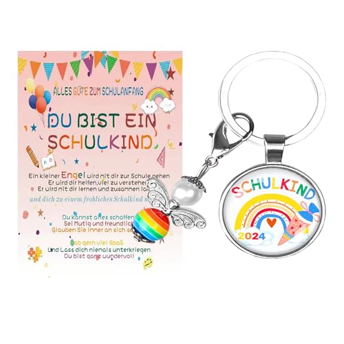 NEODTX Einschulung Geschenk Mädchen Jungen Glücksbringer Schulanfang Schulkind 2024 Mädchen Schutzengel Schlüsselanhänger Schultüte Füllung Glücksbringer Mit Grußkarte Geschenkbox von NEODTX