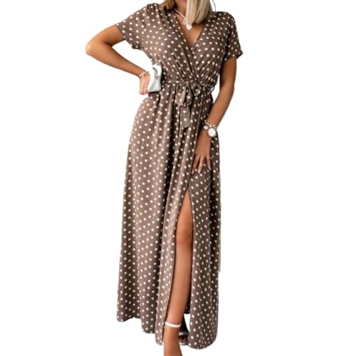 NEOFEN Damen-Sommer-Wickel-Maxikleid, lässig, Boho-Blumenmuster, V-Ausschnitt, Kurze Ärmel, Rüschensaum, geteilter Strand, Lange Kleider von NEOFEN