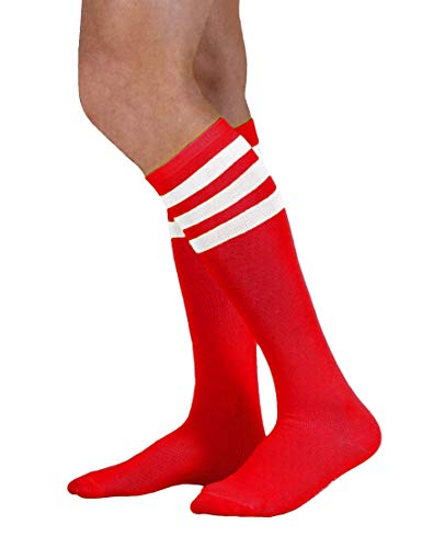 NEON NATION Farbige Kniestrümpfe mit farbigen Streifen, Rot mit weißen Streifen, Einheitsgröße von NEON NATION