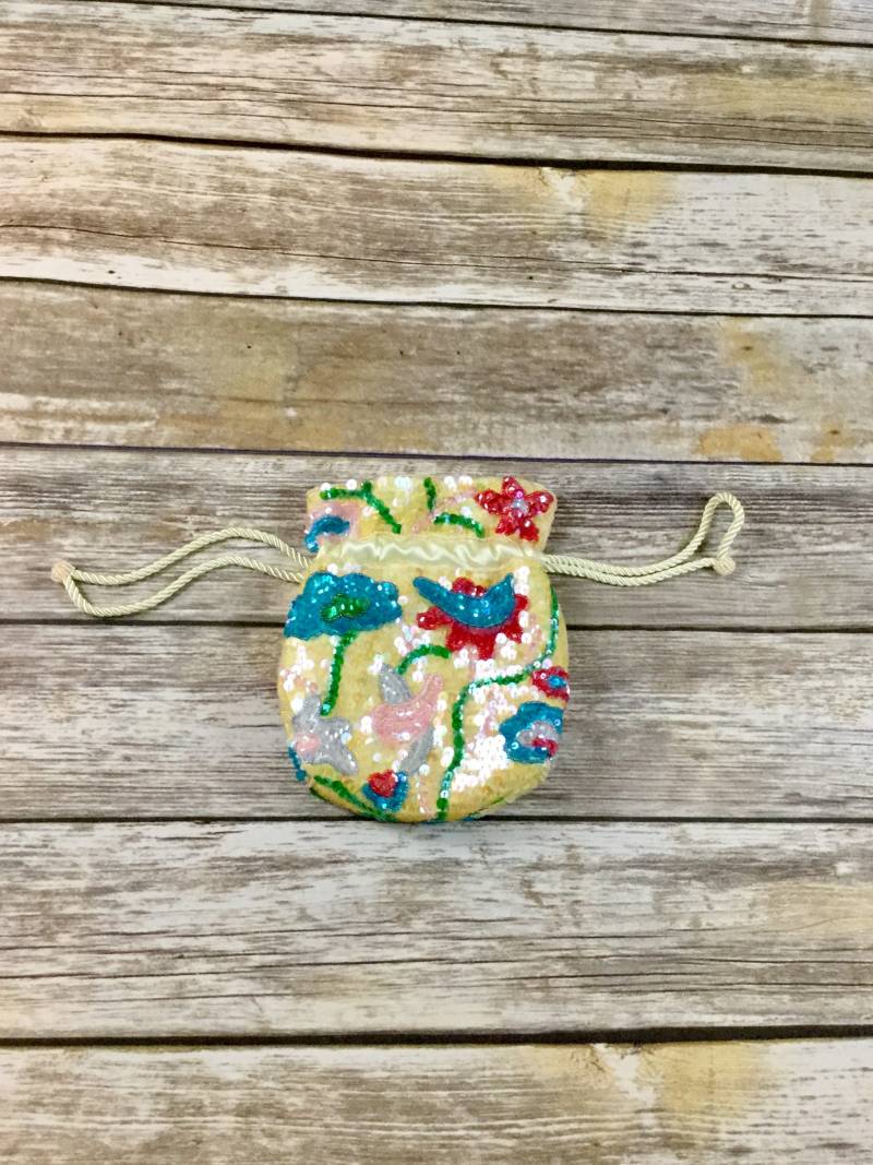 Mary Mcfadden Vintage Draw String Regenbogen Perlen Pailletten Geldbörse/Paillettenbeutel Handtasche Gelbe Abstrakte Clutch von NEONBULL