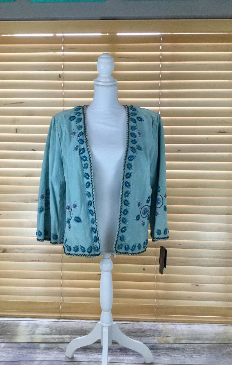 Vintage Adrienne Landau Lederjacke // Türkise Deadstock Verzierte Perlenjacke von NEONBULL